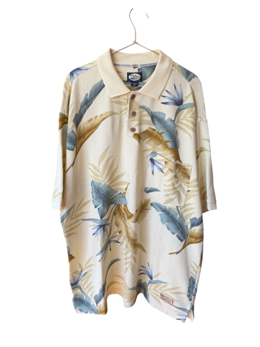 Tommy Bahama Men’s Size Large Cream Polo with Blue and Gold Tropical Leaves